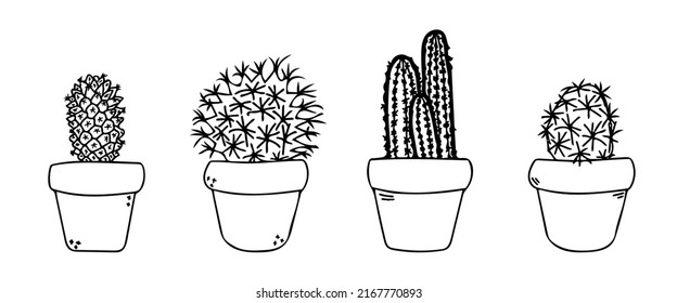Cactus set in pot vector sketch icons. Cute black succulents outline illustration. Mexican house cacti flowerpot line art. Simple plant in a planter with sharp spines. Natural fun home decor element.