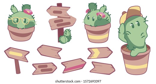 Cactus set, road sign collection, cute stickers, vector wood arrows, white isolated, stock vector illustration 