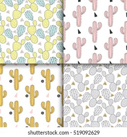 Cactus set seamless pattern, vector illustration. Hand drawn cacti, desert plant in doodle style for art therapy, poster, card, textile, wallpaper template 