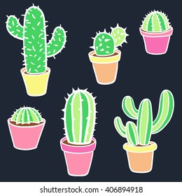 Cactus set. Vector collection of cactus. Hand Drawn Cactus. Pot Cactus set. Cartoon Cactus Illustration