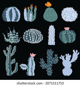 Cactus set. Vector desert plants on black background. Perfect for cards or posters