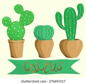 Cactus set. Vector set of different kinds of cacti in the pots. Set includes banner with the sign "Cactus". Could be used as a postcard, part of other illustration, textile, children illustration.