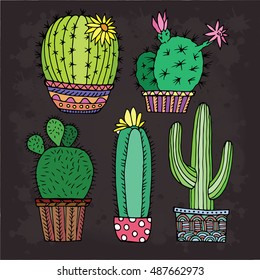 Cactus set of vector flowers isolated on black background. Doodle style. Vector illustration. Card, invitations, wedding, birthday, mother's day, holiday, cloth,design,paper,wrapping,poster,icon.Eps10