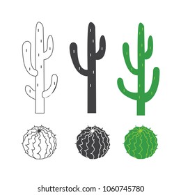 Cactus set. White, black and green cactus icon in white background.