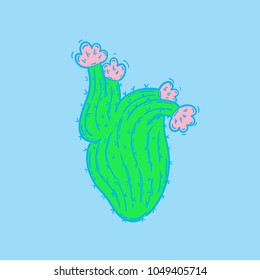 Cactus in the shape of a heart in the technique of doodling, bright pastels, bold.  The idea for the design of a t-shirt, poster, postcard, product, website. The colors pink and blue.