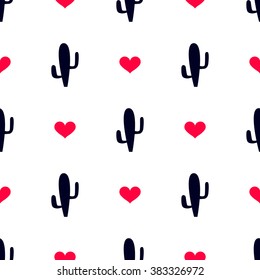 Cactus shape and hearts. Cute seamless background