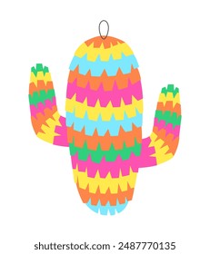 Cactus shaped pinata toy with sweets. Mexican holiday Cinco De Mayo decoration. Colorful ornament, paper adornment with candies for festival party, birthday, carnival. Vector isolated