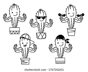 Cactus show muscle biceps. Vector set Printable cartoon illustration isolated on white. Cactus character concept