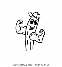 Cactus showing muscle biceps. Vector Printable cartoon illustration. Cactus Cool male character concept illustration