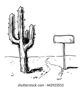 Cactus and sign in the desert hand-drawn. Vector illustration