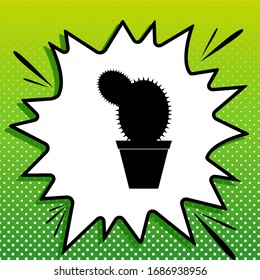 Cactus sign illustration. Black Icon on white popart Splash at green background with white spots. Illustration.