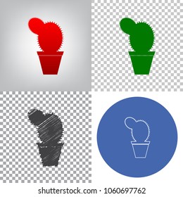 Cactus sign illustration. Vector. 4 styles. Red gradient in radial lighted background, green flat and gray scribble icons on transparent and linear one in blue circle.