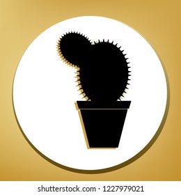 Cactus sign illustration. Vector. Black icon with light brown shadow in white circle with shaped ring at golden background.