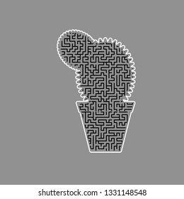 Cactus sign illustration. Vector. Black maze filled icon with white border at gray background.