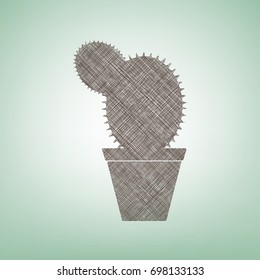 Cactus sign illustration. Vector. Brown flax icon on green background with light spot at the center.