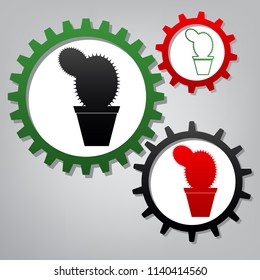 Cactus sign illustration. Vector. Three connected gears with icons at grayish background.