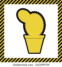 Cactus sign illustration. Vector. Warm yellow icon with black contour in frame named as under construction at white background. Isolated.