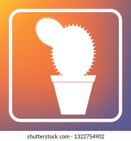 Cactus sign illustration. Vector. White icon on transparent button at orange-violet gradient background.