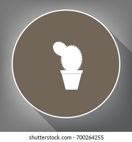 Cactus sign illustration. Vector. White icon on brown circle with white contour and long shadow at gray background. Like top view on postament.