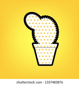Cactus sign illustration. Vector. Yellow polka dot white icon with black contour at warm yellow background.