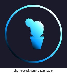 Cactus sign illustration. White, cyan and blue gradient icon as round button in white shell at dark blue background. Illustration.