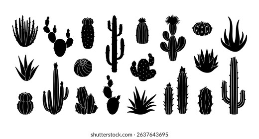 Cactus silhouette. Black desert plant. Southwestern dry landscapes, nature wilderness. Western cactuses symbol. Botany, garden, succulent plants. House flowerpot. Vector set.