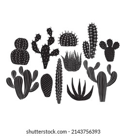 Cactus silhouette boho style. Stamp, linocut template isolated.