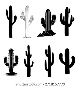 Colección de silueta de cactus con plantas del desierto en múltiples Formas. Adecuado para temas occidentales, diseños de naturaleza, ilustraciones al aire libre y obras de arte botánicas.