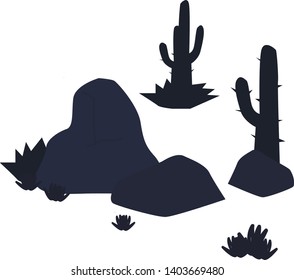 Cactus silhouette desert landscape with rocks (stones) and bushes of plants. Isolated vector illustration in Flat Design.