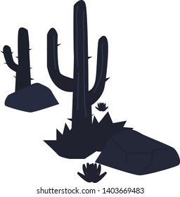 Cactus silhouette desert landscape with rocks (stones) and bushes of plants. Isolated vector illustration in Flat Design.