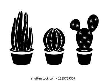 Cactus silhouette. Cactus Icon. Cacti in pots isolated on a white background.