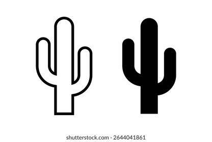 Silhueta de cacto. Ícone mexicano cactos. Cactos simples negros isolados sobre fundo branco. Assine saguaro. Logo forma bonito. Pictograma do deserto. Elemento da estrutura de tópicos da linha. Padrão do México. Ilustração vetorial