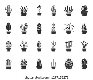 Cactus silhouette icons set. Monochrome web sign kit of succulent. Home Plant pictogram collection flower, cacti, cactaceae. Simple cactus black symbol isolated on white. Vector Icon shape for stamp