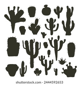 Cactus silhouette set isolation on white background. Mexican cacti and aloe. Exotic various plants collection Vector simple flat illustration