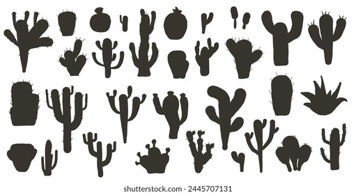 Cactus silhouette set isolation on white background. Mexican cacti and aloe. Exotic various plants collection Vector black simple flat illustration