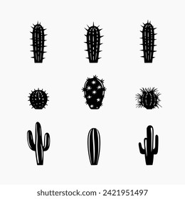 Cactus silhouettes illustrated on white, Desert symbol. Flat design.