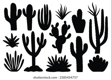 Cactus silhouettes set isolated flat vector illustration on white background.