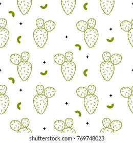 Cactus simple green line style vector seamless pattern on white.