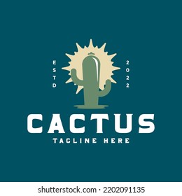 Cactus simple logo with abstract sun icon design template.