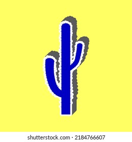 Simple señal de Cactus. Icono azul con trazo blanco en 3d en fondo amarillo. Ilustración.