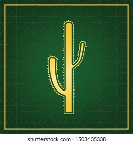 Cactus simple sign. Golden icon with gold contour at dark green gridded  background. Illustration.