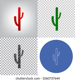 Cactus simple sign. Vector. 4 styles. Red gradient in radial lighted background, green flat and gray scribble icons on transparent and linear one in blue circle.