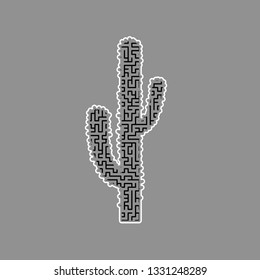Cactus simple sign. Vector. Black maze filled icon with white border at gray background.