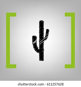 Cactus simple sign. Vector. Black scribble icon in citron brackets on grayish background.