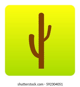 Cactus simple sign. Vector. Brown icon at green-yellow gradient square with rounded corners on white background. Isolated.