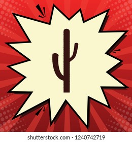Cactus simple sign. Vector. Dark red icon in lemon chiffon shutter bubble at red popart background with rays.