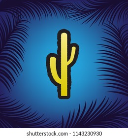 Cactus simple sign. Vector. Golden icon with black contour at blue background with branches of palm trees.