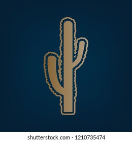 Cactus simple sign. Vector. Golden icon and border at dark cyan background.