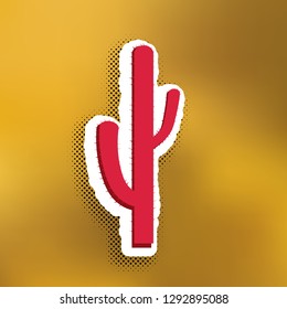 Cactus simple sign. Vector. Magenta icon with darker shadow, white sticker and black popart shadow on golden background.