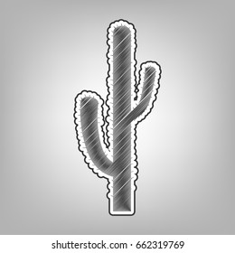 Cactus simple sign. Vector. Pencil sketch imitation. Dark gray scribble icon with dark gray outer contour at gray background.